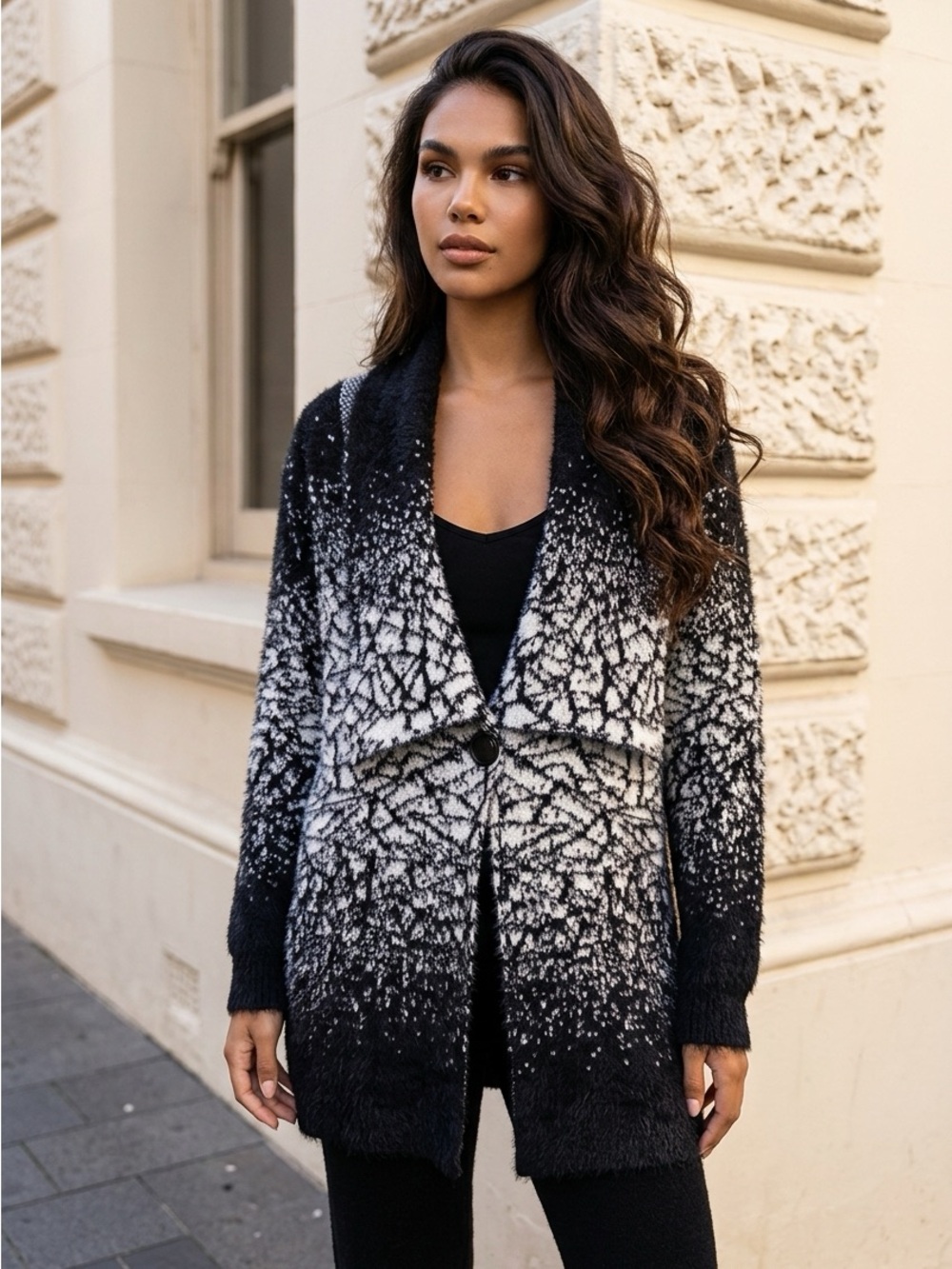 Black and White Ombre Knit Cardigan Sweater by Siono